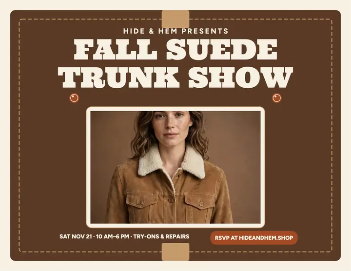 Hide and Hem suede trunk show flyer: suede trunk show flyer template