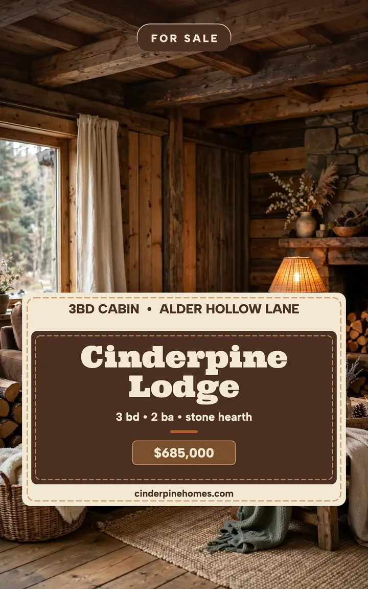 Cinderpine Lodge cabin listing cover: cabin listing ebook cover template
