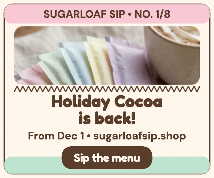 Sugarloaf Sip holiday cocoa packet ad template