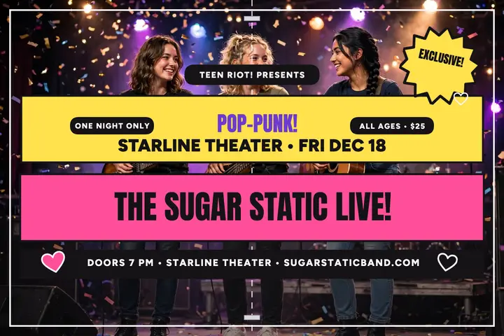 Sugar Static pop-punk gig postcard: band gig postcard template