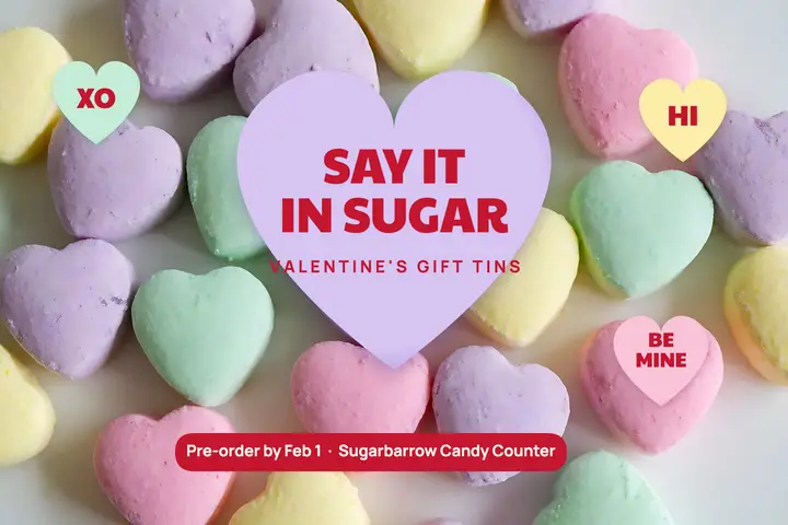 Sugarbarrow Valentine candy tins postcard, conversation hearts: valentine candy tins postcard template