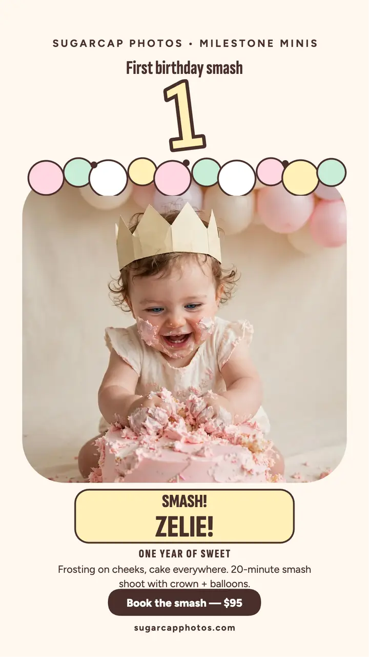 Zelie cake smash first birthday story template