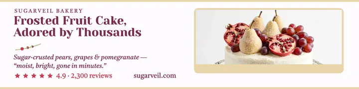 Sugarveil frosted fruit cake review banner: bakery review banner template