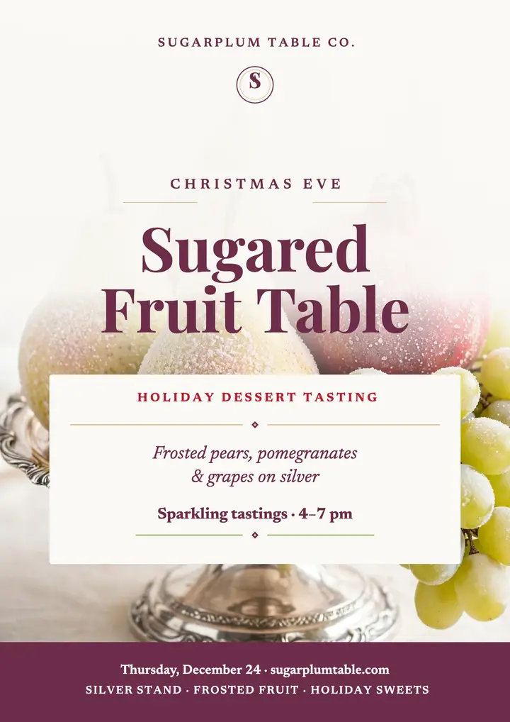 Sugarplum sugared fruit table holiday flyer: christmas dessert table flyer template