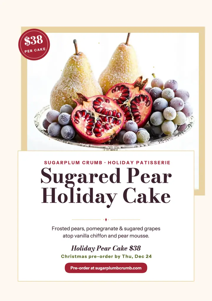 Sugarplum Crumb sugared pear cake flyer template