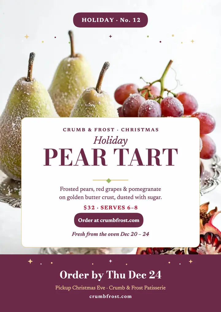 Crumb and Frost holiday pear tart flyer template