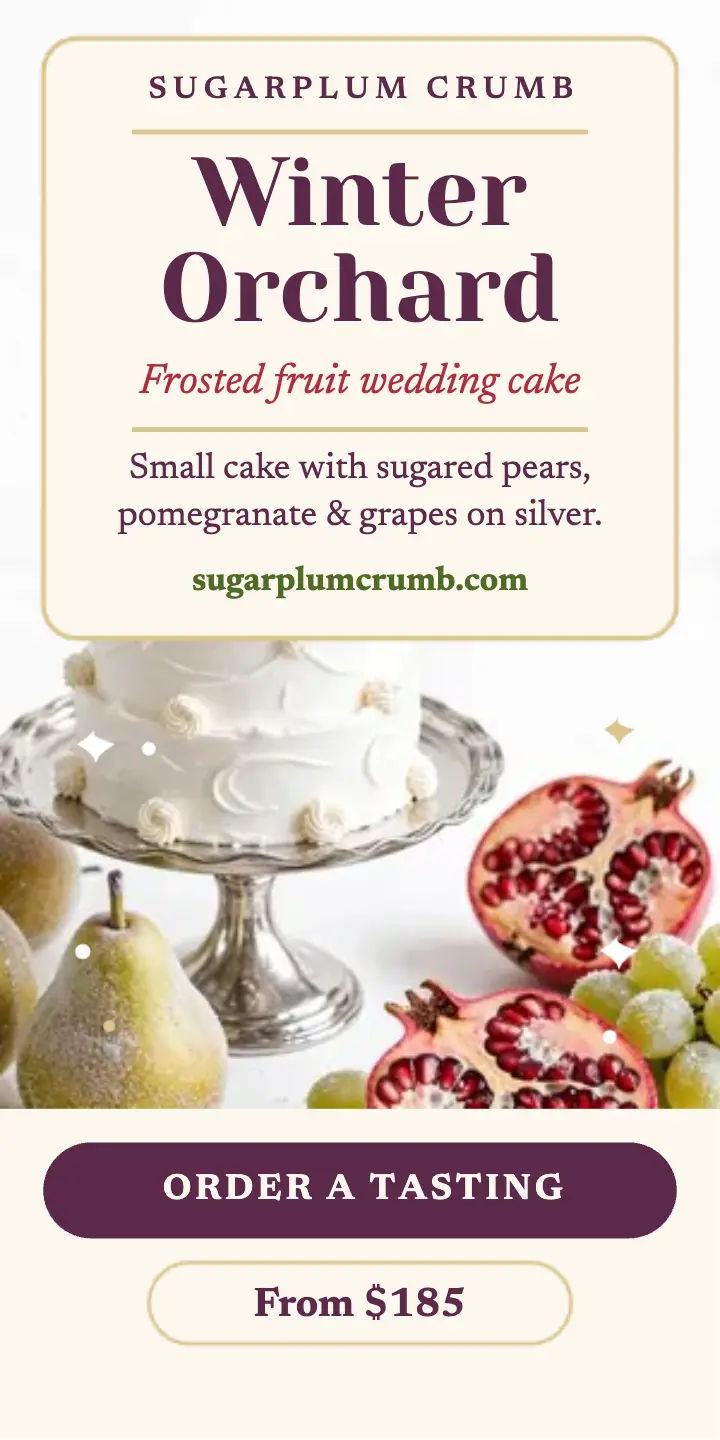 Sugarplum Crumb winter orchard cake ad: wedding cake bakery ad template