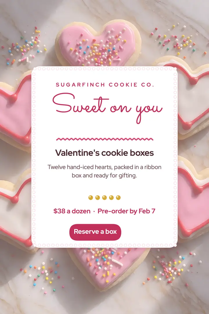 Valentine cookies, piped icing poster: valentine cookie pre-order poster template