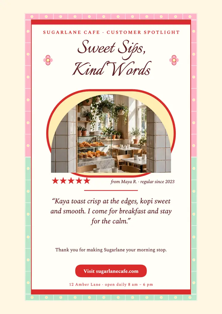 Sugarlane cafe customer review flyer template