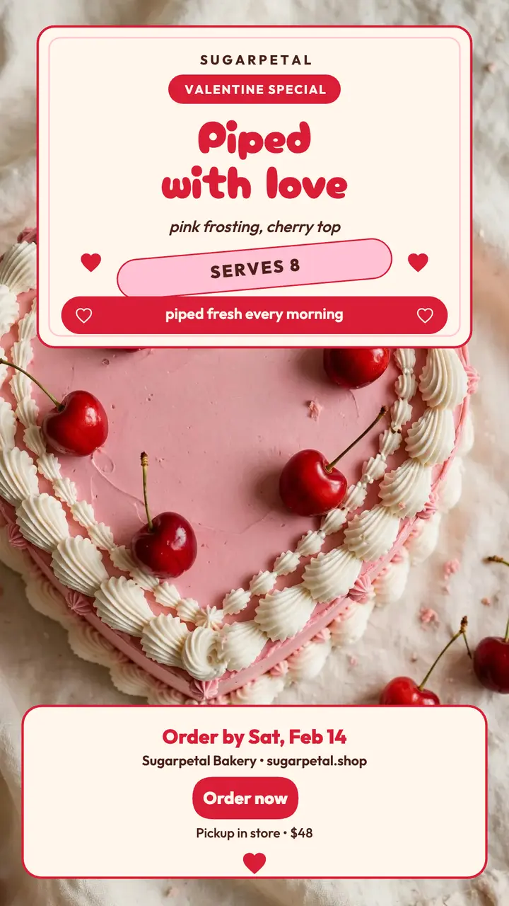 Sugarpetal piped heart cake Valentine story template