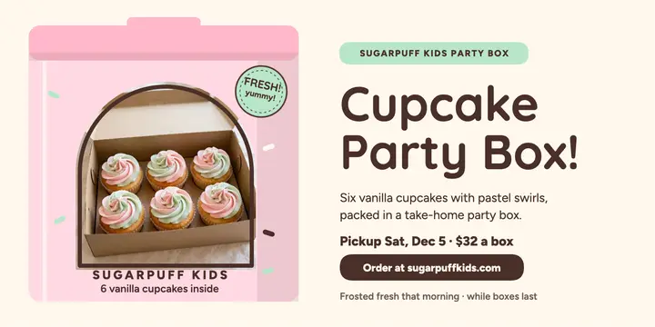 Sugarpuff Kids cupcake party box post template