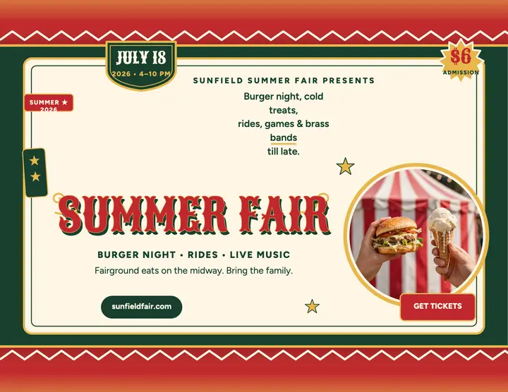 Sunfield Summer Fair burger night flyer template