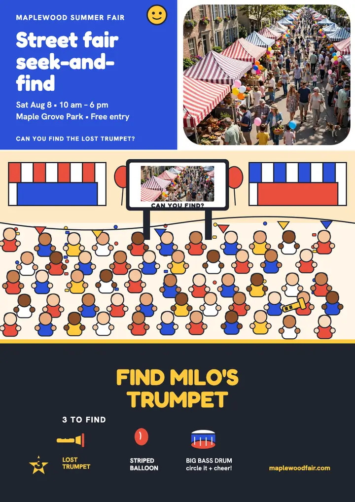 Maplewood Summer Fair find hunt flyer: summer fair seek and find flyer template