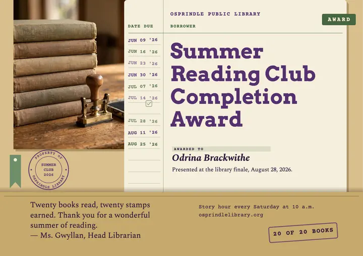 Summer reading club certificate, library checkout card template