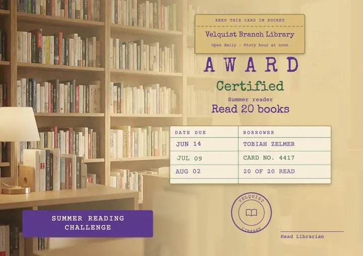 Summer reading challenge certificate, library checkout card template