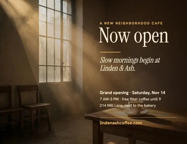 Linden & Ash Coffee now open, landscape flyer template