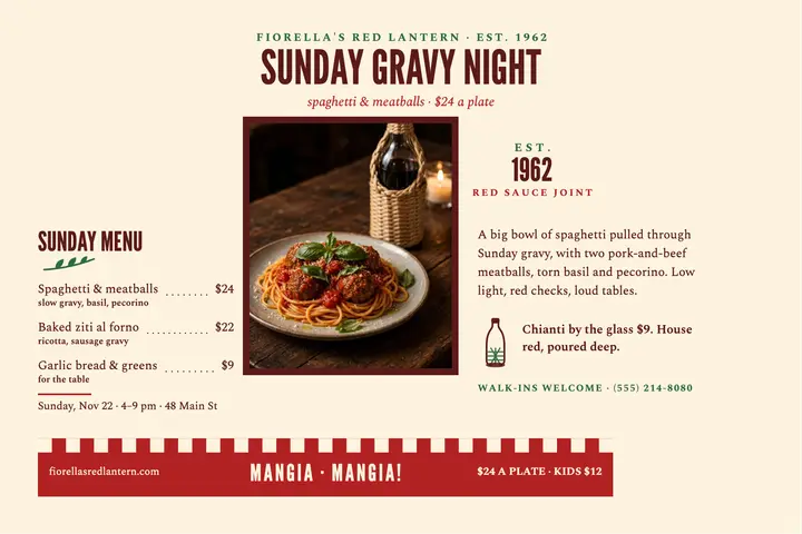 Fiorella's Sunday gravy night postcard template