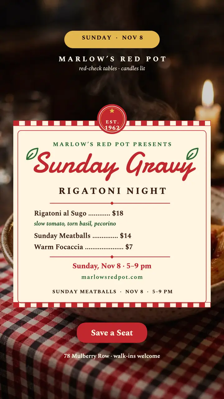 Marlow's Red Pot Sunday gravy story template