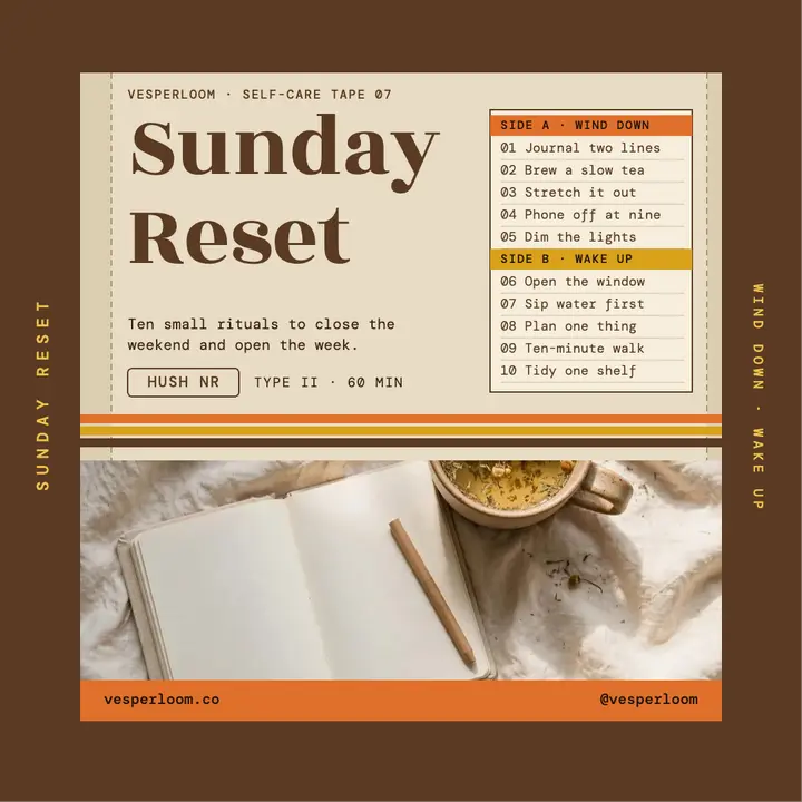 Sunday reset cassette J-card, self-care routine: self-care routine post template