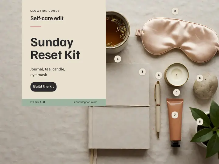 Slowtide Goods Sunday reset kit knolling slide: self-care kit slide template