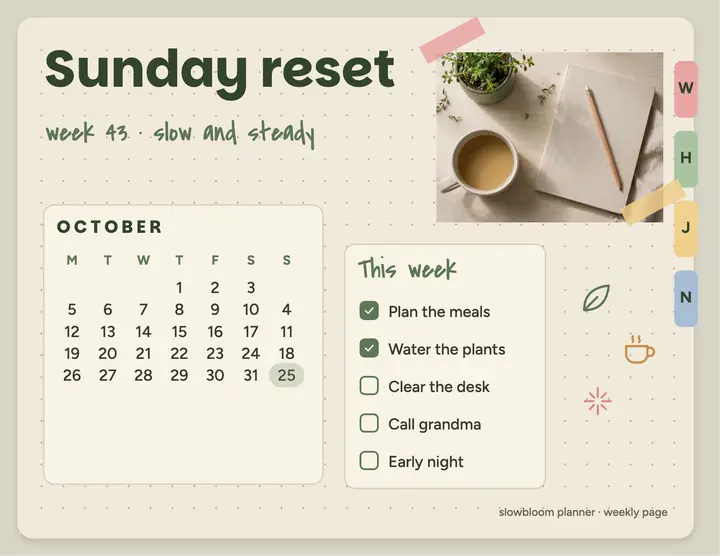 Sunday reset planner spread: digital planner page template