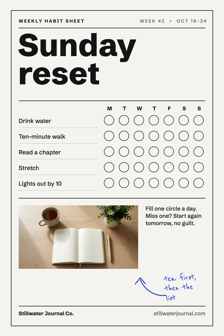Stillwater Sunday reset habit tracker poster template