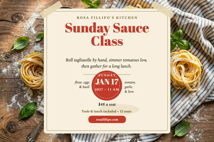 Rosa Fillipo Sunday sauce class postcard: pasta class postcard template