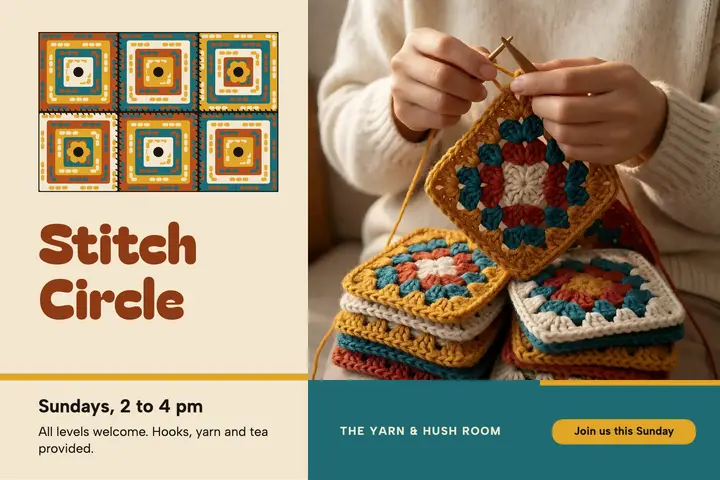 Sunday crochet circle postcard, granny squares template