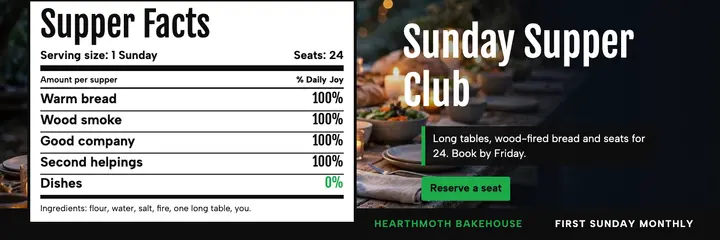 Hearthmoth Bakehouse Sunday supper club header template