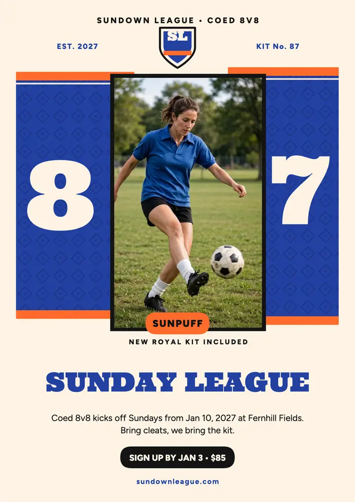 Sundown Sunday league kit reveal flyer template
