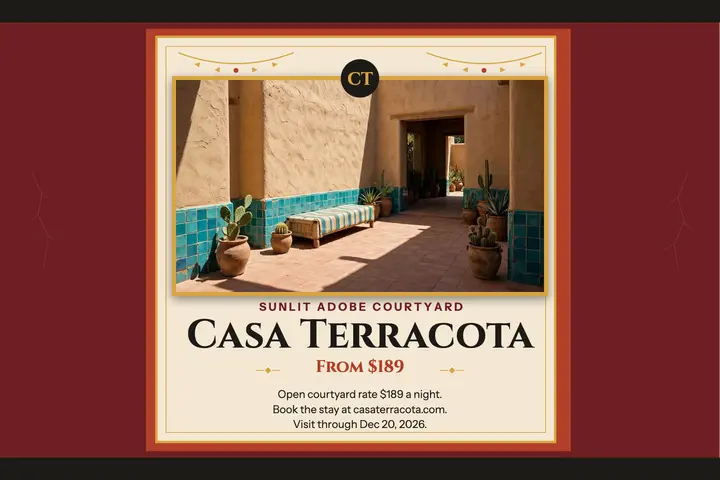 Casa Terracota sunlit courtyard postcard template