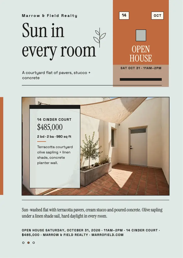 Sunlit courtyard flat open house flyer template