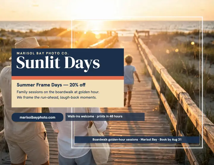 Marisol Bay sunlit family boardwalk flyer: family vacation photo flyer template