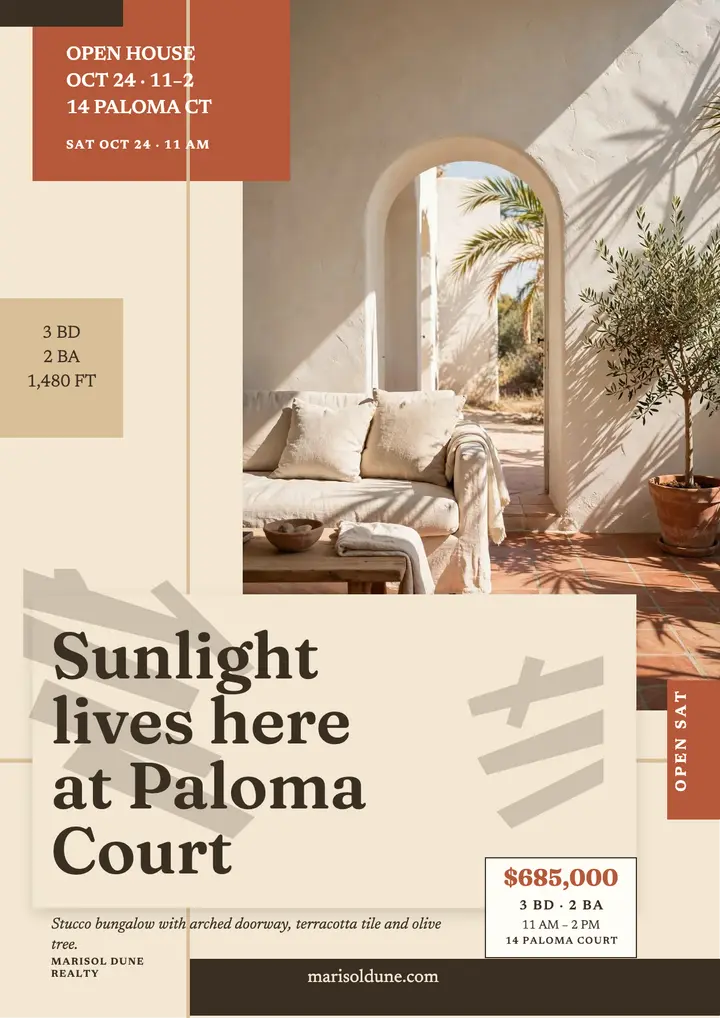 Sunlit stucco bungalow open house flyer: bungalow open house flyer template