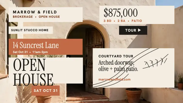 Sunlit stucco courtyard open house thumbnail template