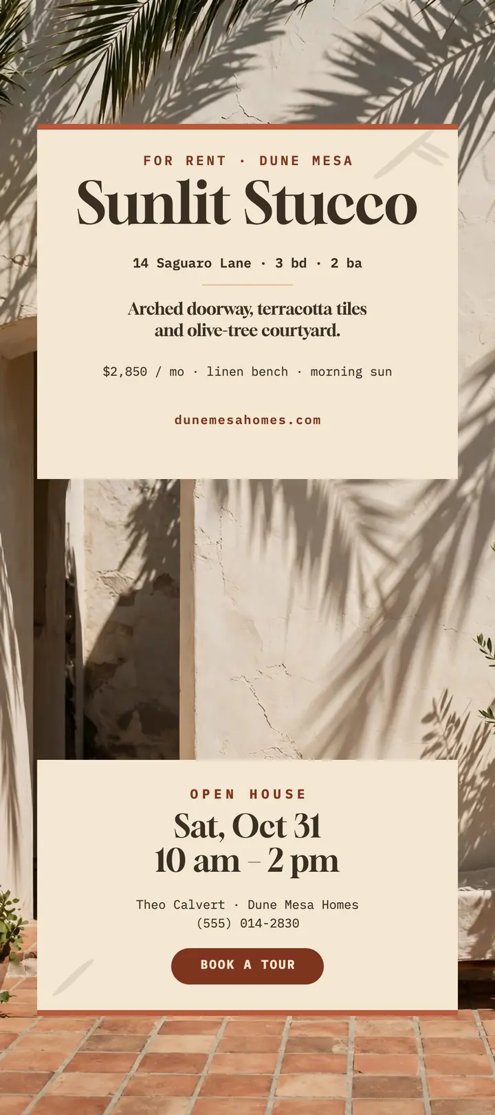 Sunlit stucco courtyard rental rack card template