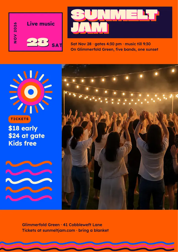 Sunmelt Jam outdoor dusk music night flyer, psychedelic template