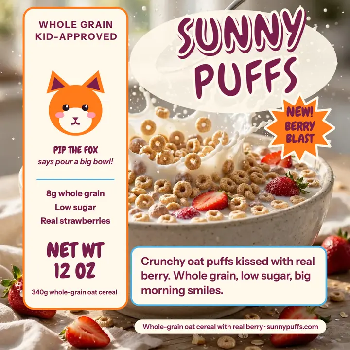 Sunny Puffs Berry Blast cereal launch template
