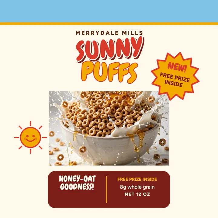 Sunny Puffs honey-oat cereal box post template
