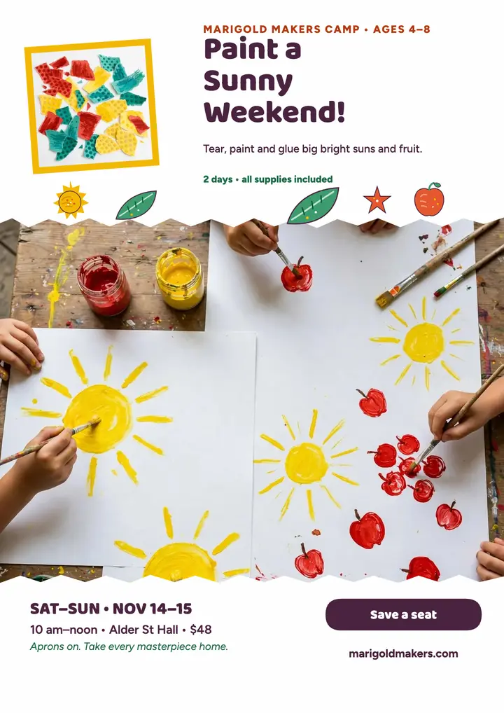 Marigold Makers art camp flyer: kids art camp flyer template