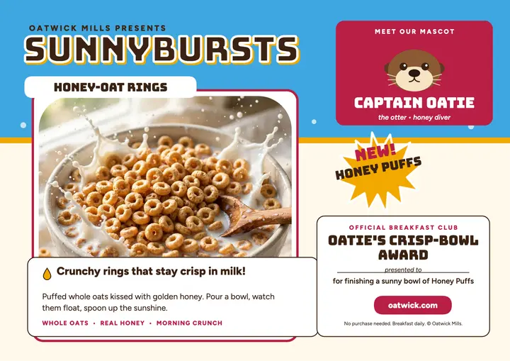 Sunnybursts Honey Puffs cereal certificate template