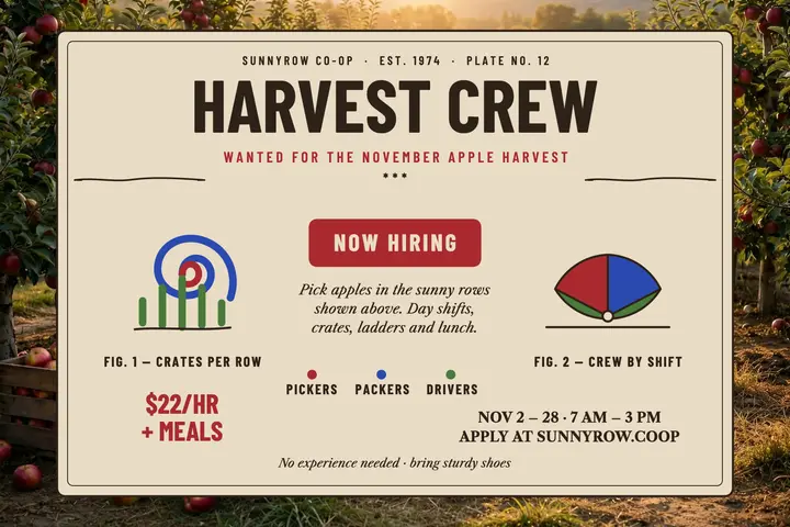 Sunnyrow harvest crew hiring postcard template