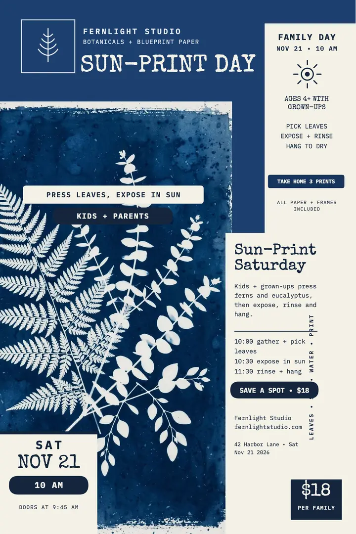 Sun-Print Saturday family workshop poster template