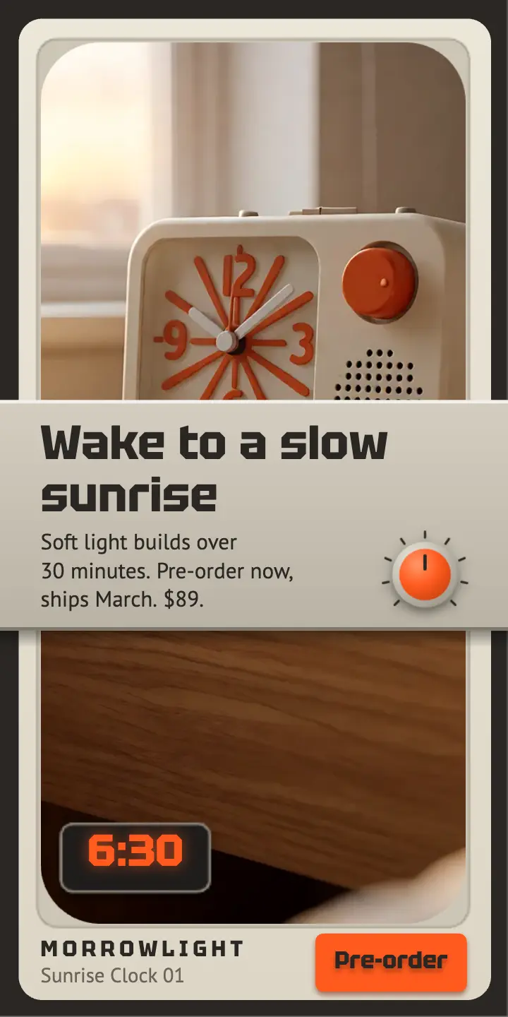 Morrowlight sunrise alarm clock pre-order half-page ad template