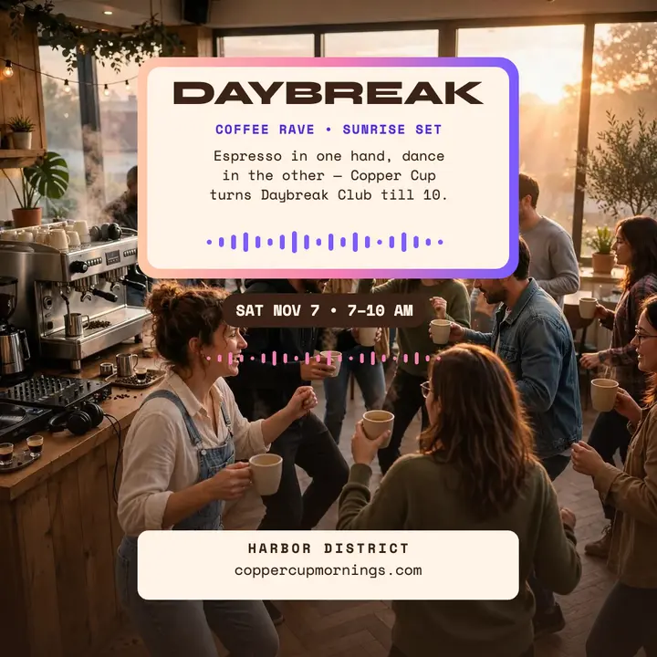 Daybreak coffee rave sunrise party post template