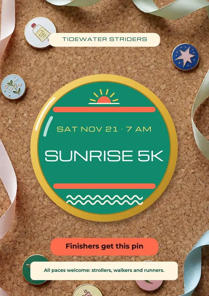 Sunrise 5K fun run flyer, enamel pin template