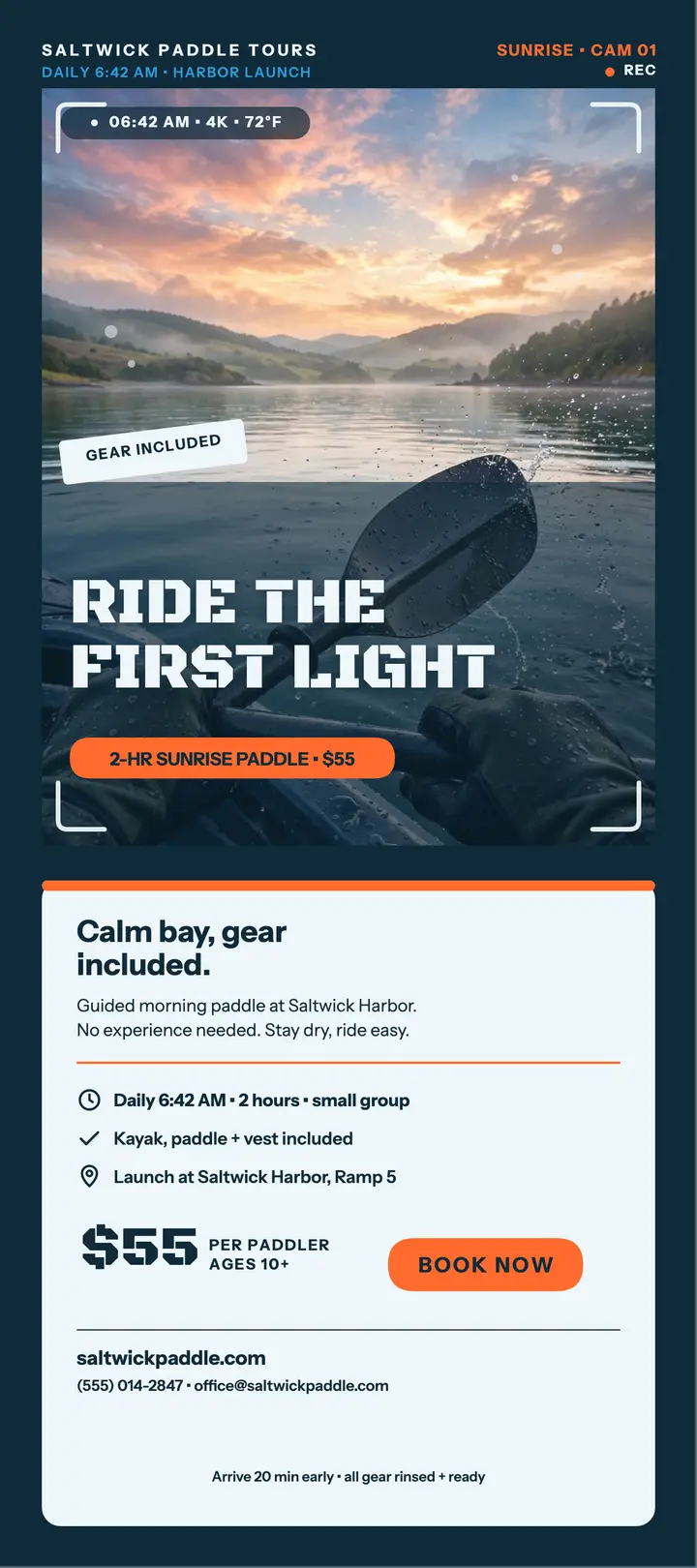Saltwick sunrise kayak tour rack card template