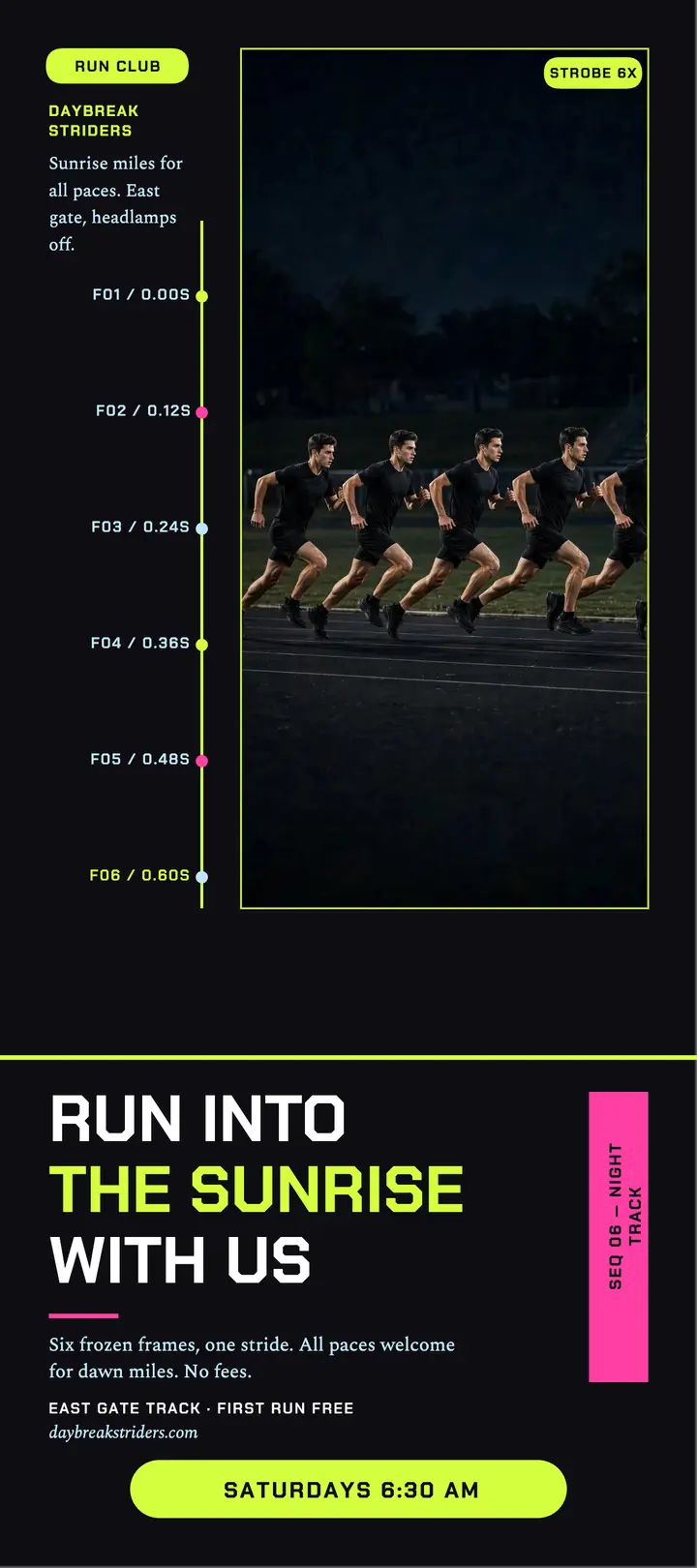 Daybreak Striders sunrise run rack card template