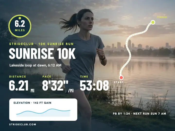 Strideclub sunrise 10K stats slide: run stats slide template