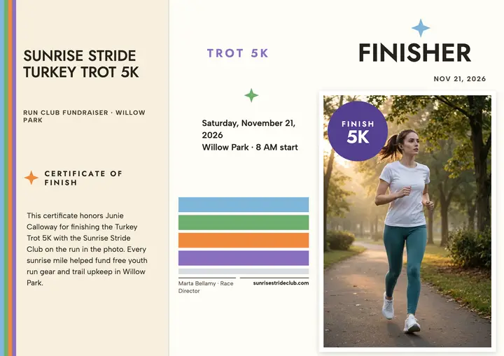 Sunrise Stride Turkey Trot finisher certificate template